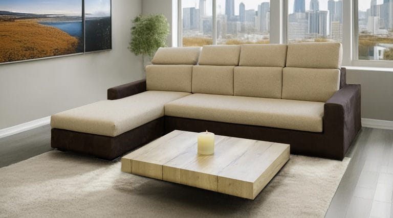 Divano angolare Firenze con linee minimal ed eleganti, poggiatesta regolabile e vano contenitore