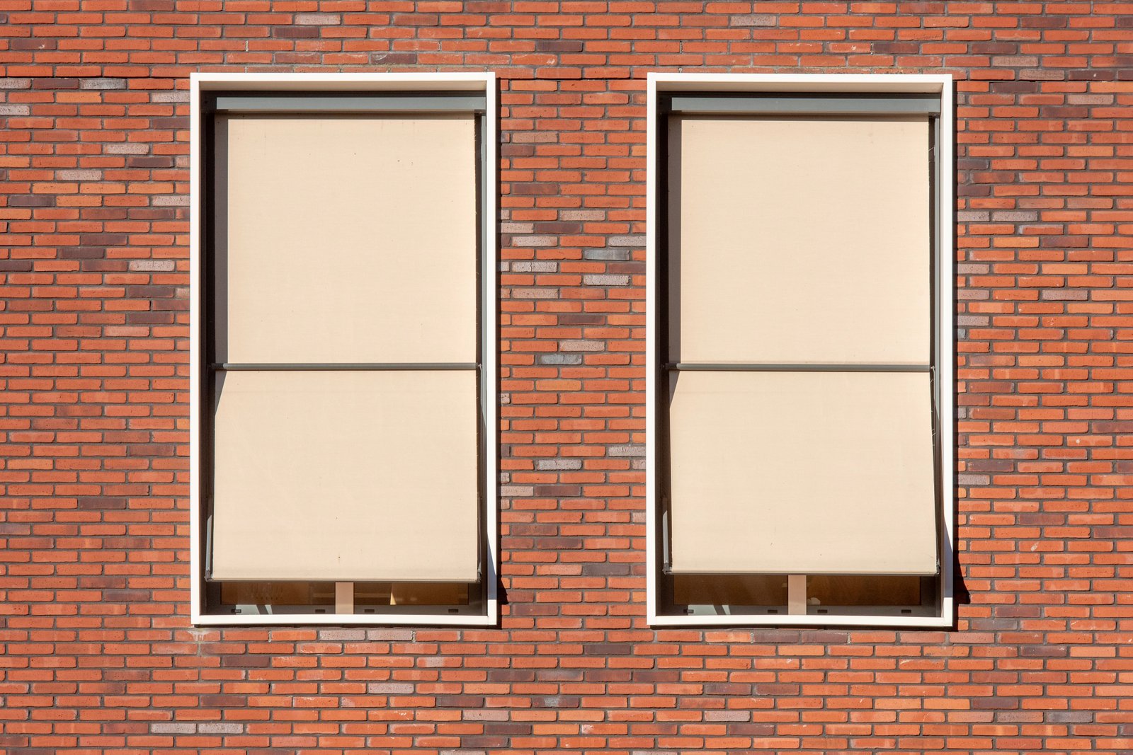 Due tende a caduta color sabbia installate su finestre di una facciata in mattoni